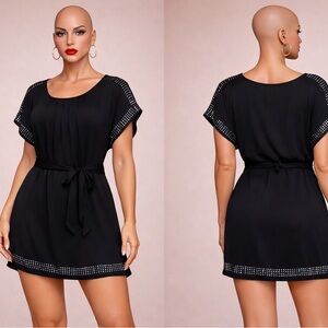 Body Central Black Rhinestone Trim Tie Waist Tunic Dress Women’s Large NWOT